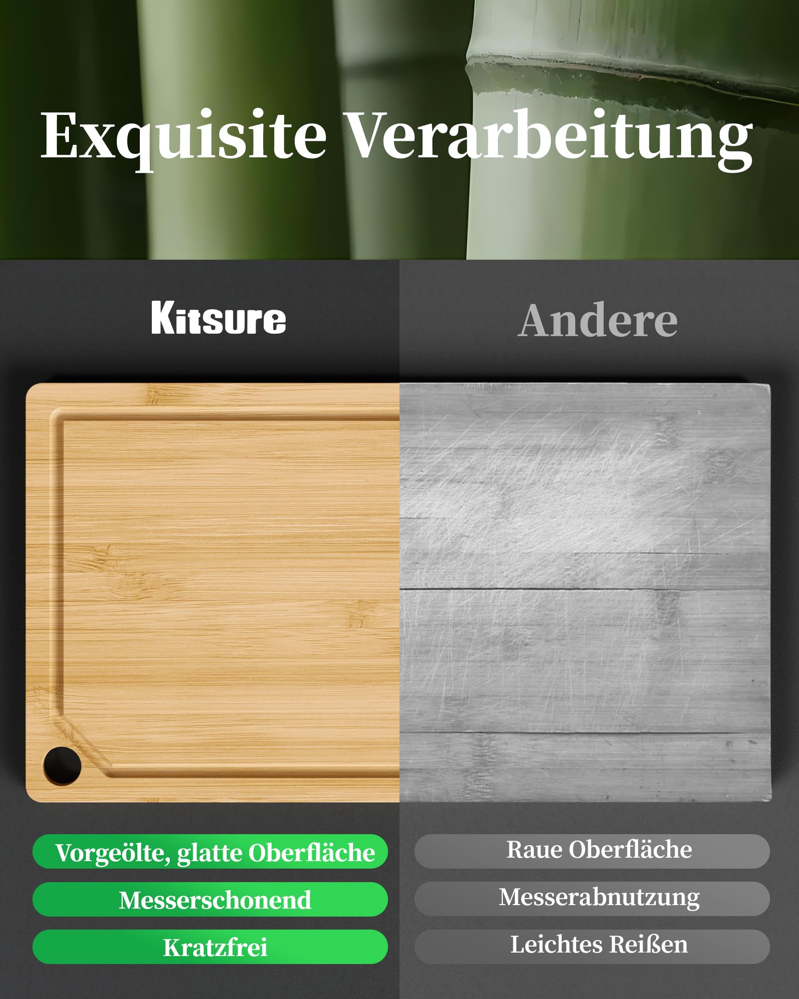 Kitsure Bambus-Schneidebrett – Holzschneidebrett, mit tiefen Saftrillen, zum Schneiden, Hacken & Servieren, groß, natur, 38.0 x 25.5 x 1.2 cm 4