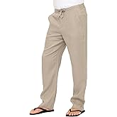 Mariyaab Men's Casual 100% Linen Pants with Drawstring and Elastic Waist