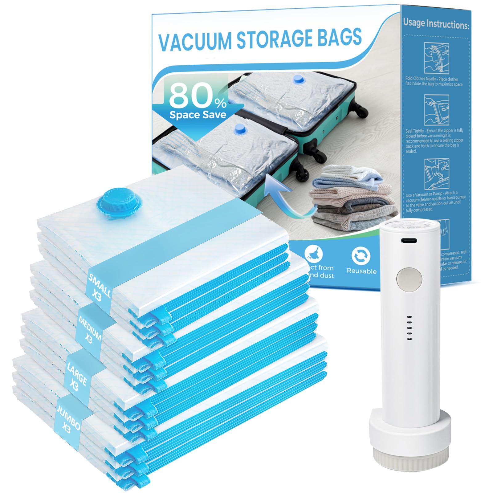 Photo 1 of Vacuum Seal Bags for Clothing Travel, 12 Pack Vacuum Storage Bags for Clothes with Portable Electric Pump, Space Saver Bags for Luggage Traveling and Clothing