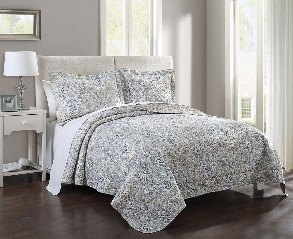 3 Piece Queen Kathryn Blue/Taupe Quilt Set Home & Kitchen