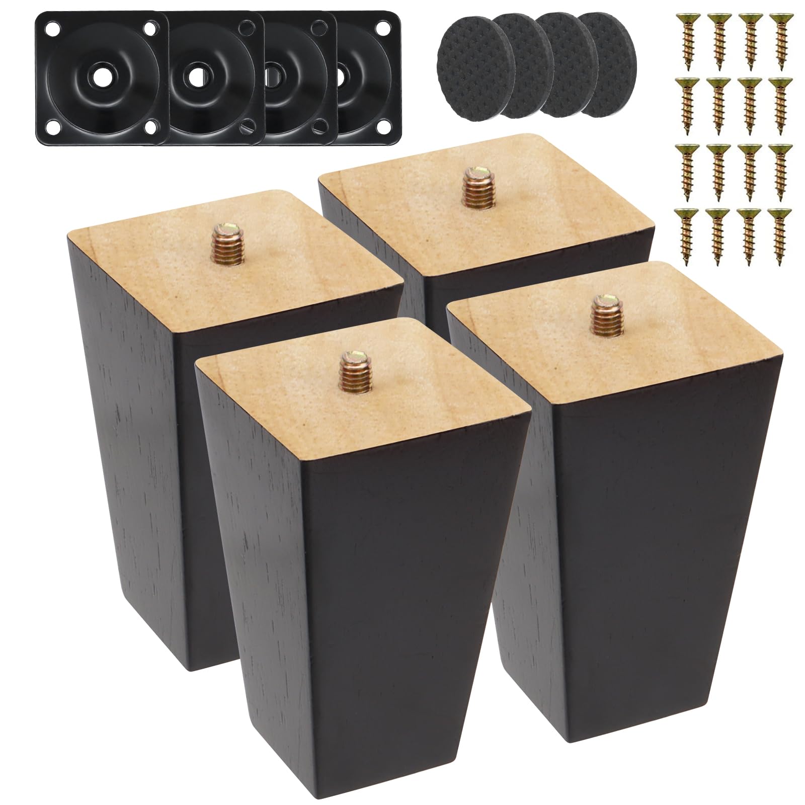 Fomiata 4 Pcs Wooden Furniture Legs,Solid Beech Wooden Sofa Legs Replacement Furniture Feet,Table Legs Dresser Legs with Mounting Plate,Screws and Anti Slip Mats (Black)