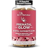 Eu Natural Glow Prenatal Vitamins for Women - 20-in-1 Prenatal Multivitamin with Folate & Vegan DHA - Supports Healthy Pregnancy, Fetal Development & Mom’s Comfort - 60 Vegetarian Capsules