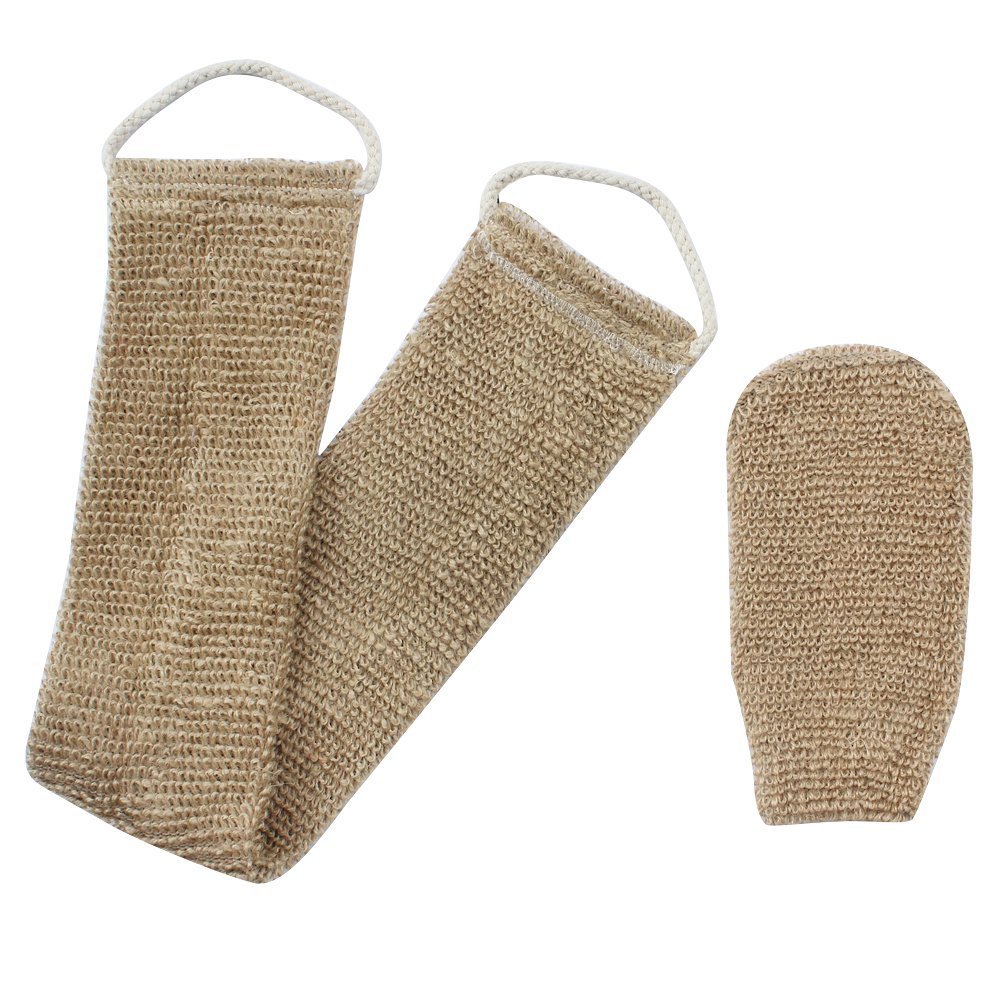 Homgaty Hemp Back Scrubber-100% Natural Exfoliating Back Strap with Mitt, Exfoliating Loofah Back Scrubber with Handles for Shower Bath Men and Women (Brown)