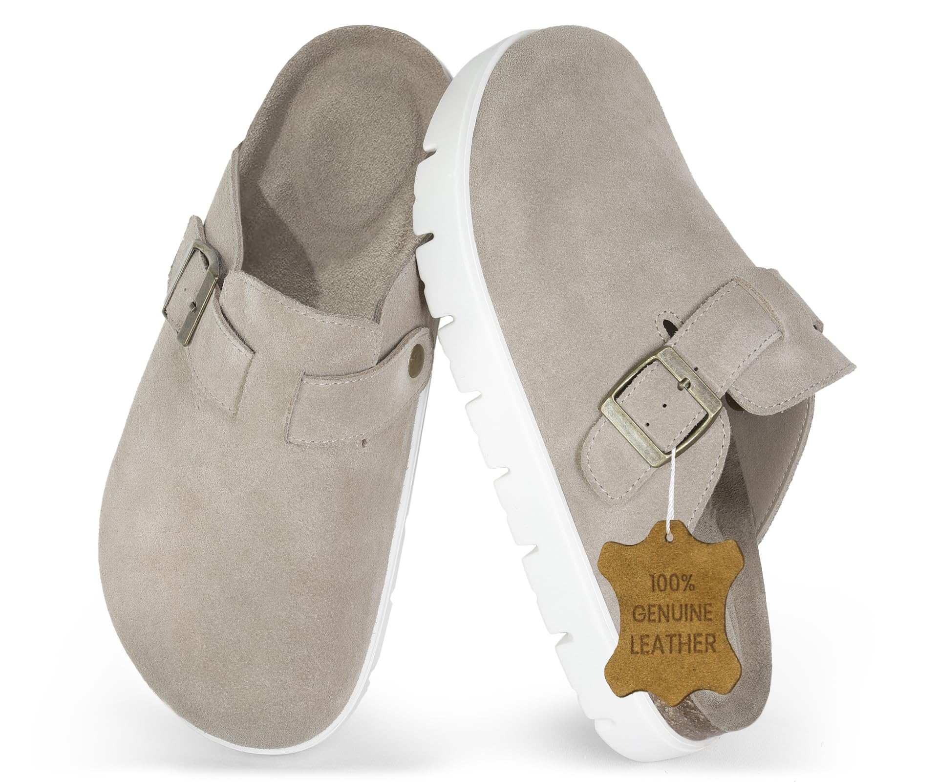 Photo 1 of Botsons Clogs, Papilios Birekntock for Women Genuine Leather Chunky Platform Botson Clogs for Women Memory Foam Arch Support Cork Footbed Shoes Mules Grey