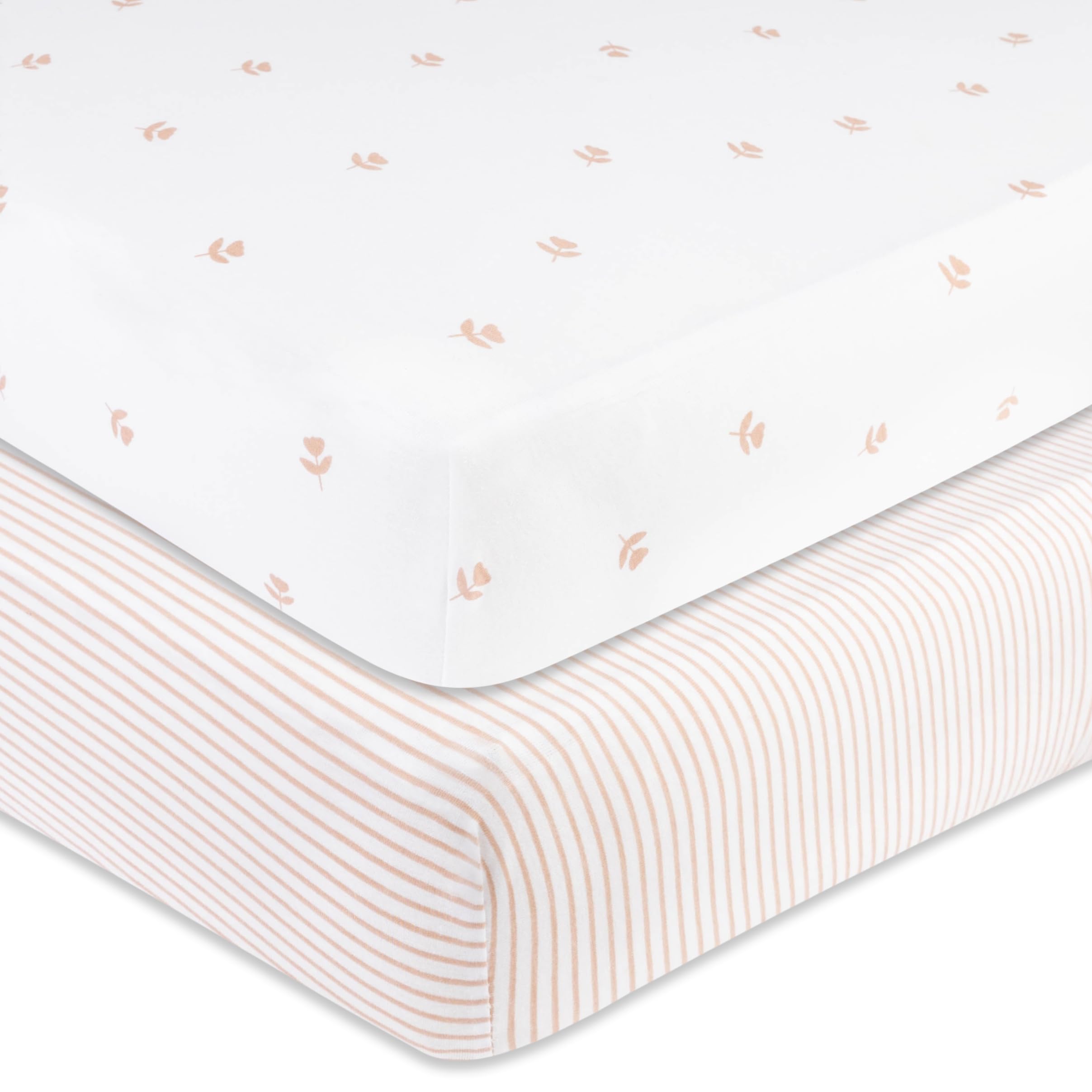 Ely’s & Co. Pack and Play Sheets, for Mini/Portable Crib, 2 Pack Fitted Playpen Play Yard Sheet Set Compatible with Graco Pack n Play, for Baby Girls, 100% Cotton, Pink Tulips and Stripes, 38”x24”x5”