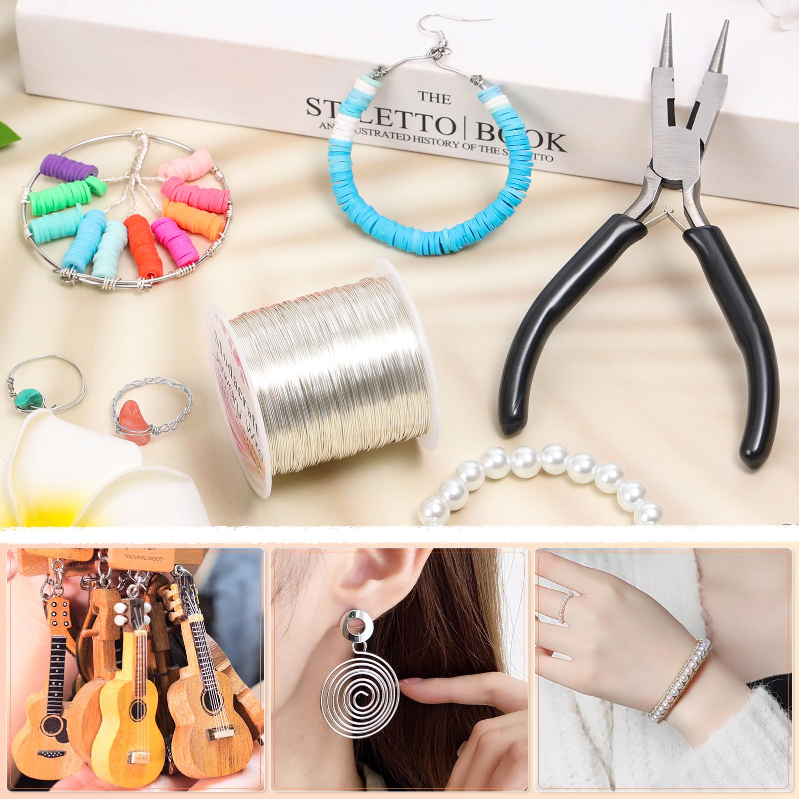 Modacraft 24 Gauge Wire for Jewelry Making with 4-in-1 Pilers, 213.3 FT/0.5 mm Craft Wire Tarnish Resistant Copper Beading Wire for Jewelry Making Supplies and Crafting (Silver)