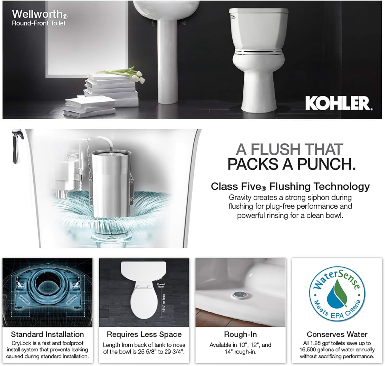 KOHLER K-3987-0 Wellworth Two-Piece Round-Front Dual-Flush Toilet with Class Five Flush System and Left-Hand Trip Lever, White - - 