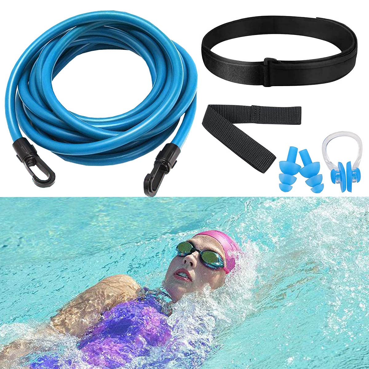 BINXWA Swimming Belt for Pool Adults, Adjustable Swimming Trainer Pool Swimming Belt, 4 m Pool Swimming Belt for Pool Trainer/Adults (Includes Ear Plugs and Nose Clip)