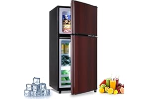 EUASOO 3.5 Cu.Ft Small Refrigerator with freezer, Compact Refrigerator, Retro Fridge with Dual Door,7 Level Adjustable Thermostat for Garage, Dorm,Bedroom, Office, Apartment-Wood