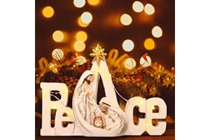 Soaoo Christmas Nativity Scene with LED String Lights Nativity Figure Set Holy Family Manger Christmas Decoration Light up Decor for Indoor Tabletop Mantle Fireplace(Peace)