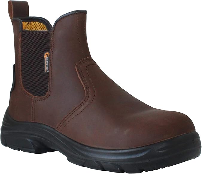 Grafters Mens Super Wide Brown Leather Slip On Steel Toe Cap Safety