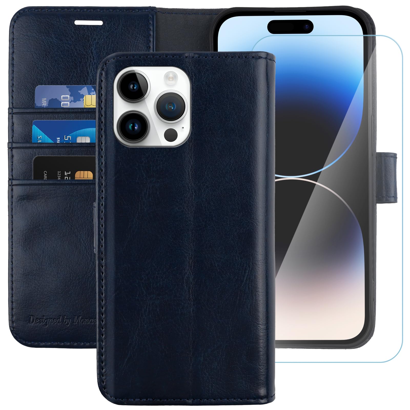 MONASAY Wallet Case for iPhone 14 Pro 5G,[Glass Screen Protector Included] [RFID Blocking] Flip Folio Leather Cell Phone Cover with Credit Card Holder for Apple iPhone 14 Pro 6.1-inch,Blue