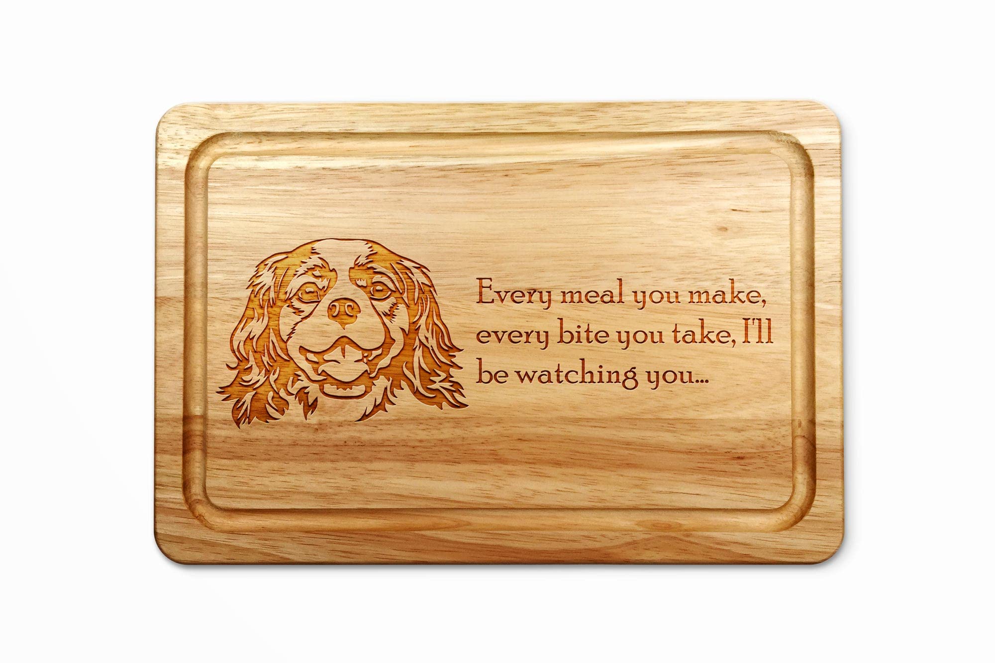 Hardwood Chopping Board with Cavalier King Charles Spaniel Dog Design - 30x20 cm Kitchen Cutting Board with Juice Groove - Gift Idea for Him or Her, Christmas & Birthdays - Made in The UK
