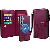 Lacass for Samsung Galaxy S24+ Plus Case Wallet,Compatible with MagSafe 2 in 1 Magnetic Detachable PU Leather RFID Blocking Wallet Cover Card Holder Zipper Wrist Strap Lanyard,Floral Wine Red
