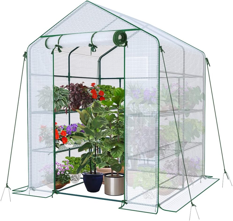 VOUNOT Walk In Greenhouse with Shelves 143x143x195cm White