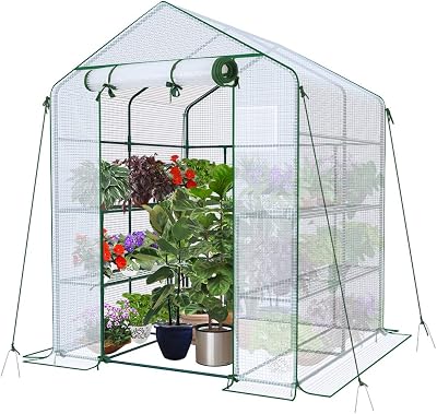 VOUNOT Walk In Greenhouse with Shelves 143x143x195cm White