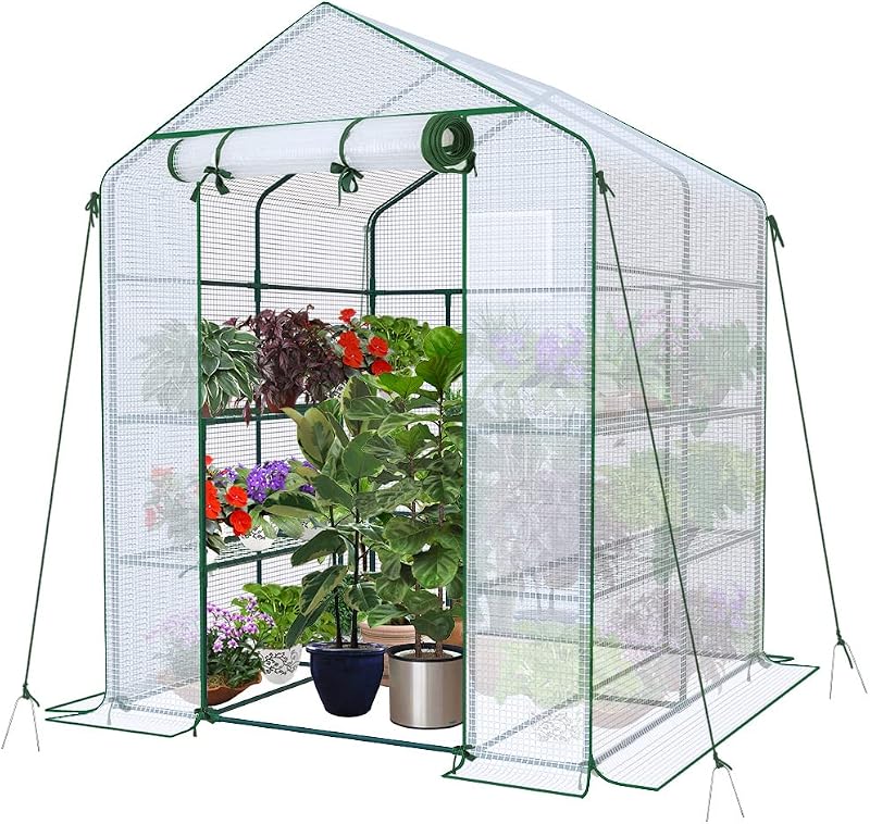 VOUNOT Walk In Greenhouse with Shelves 143x143x195cm White