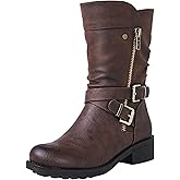 GLOBALWIN Women's Fall Fashion Biker Boots Mid Calf Boots For Women Low Heel