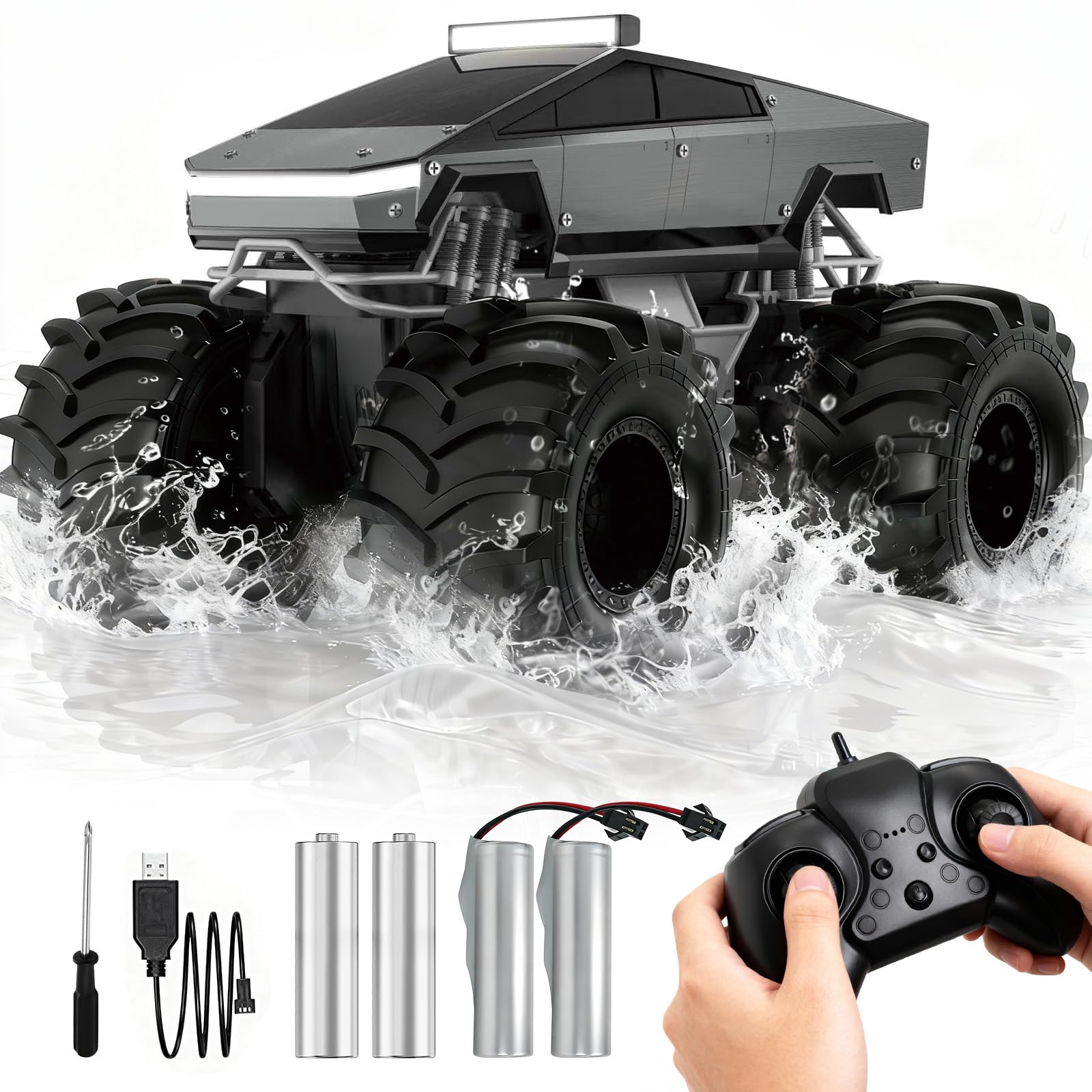 Cokzer Remote Control Car, 1:18 Amphibious RC Cars, 4WD All Terrain Off-Road Pickup, 2.4GHz Waterproof Cyber Truck, 360° Rotatable Monster Truck Toys for Boys Christmas Birthday Gifts Age 6+ (Grey)