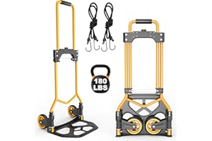 DIAMONDFORGE Folding Hand Truck Dolly Cart, 180LBS Portable Aluminum Hand Truck Foldable with Telescoping Handle and Elastic Cord for Luggage, Boxes, Functionality Foldable Dolly for Home, Moving, Black Yellow