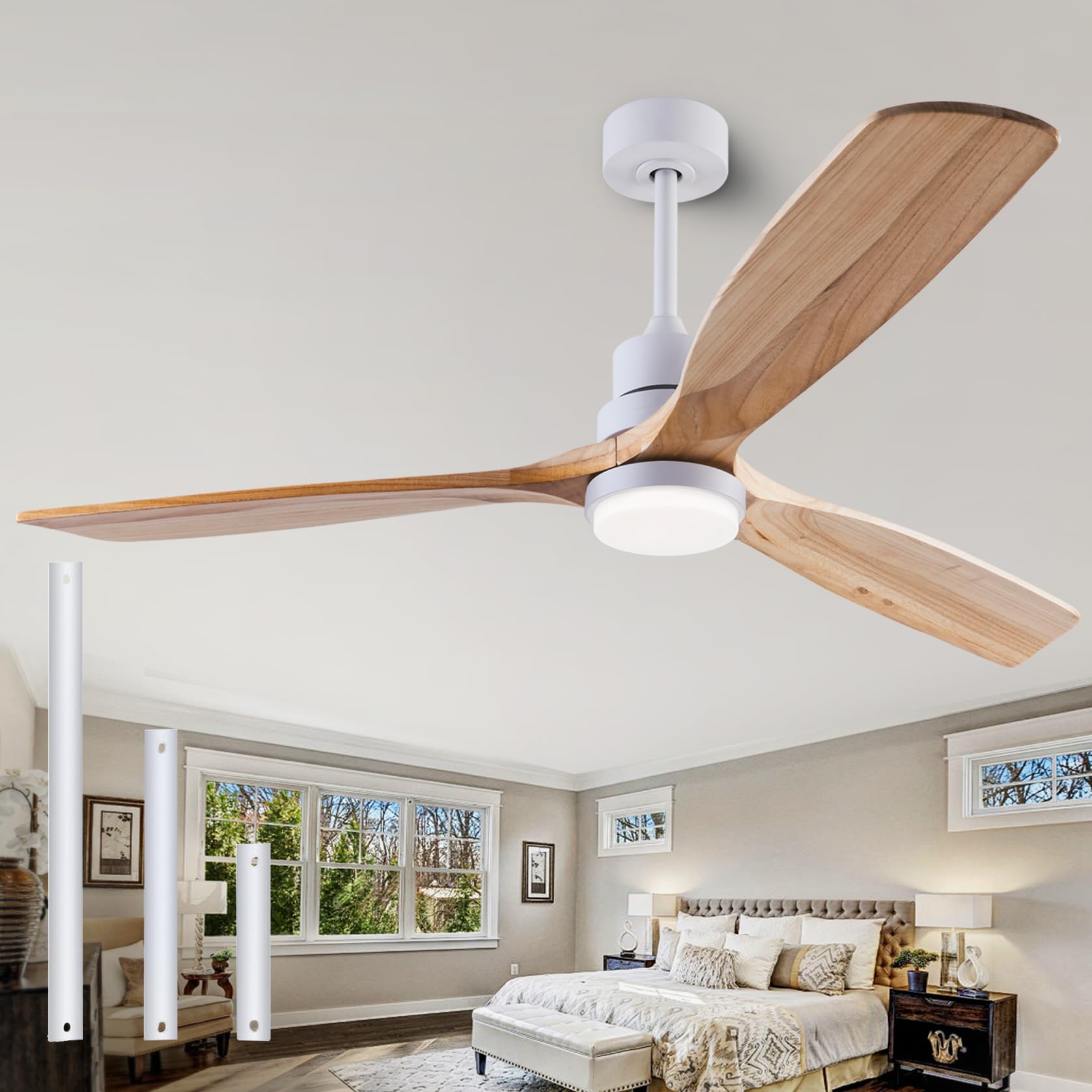 Photo 1 of 56" Wooden Ceiling Fans with Lighted Remote Control, Indoor Outdoor Wooden Ceiling Fan, Outdoor Modern Ceiling Fan with 3 Fan Blades for Patio, Living Room, Bedroom, Farmhouse etc.…