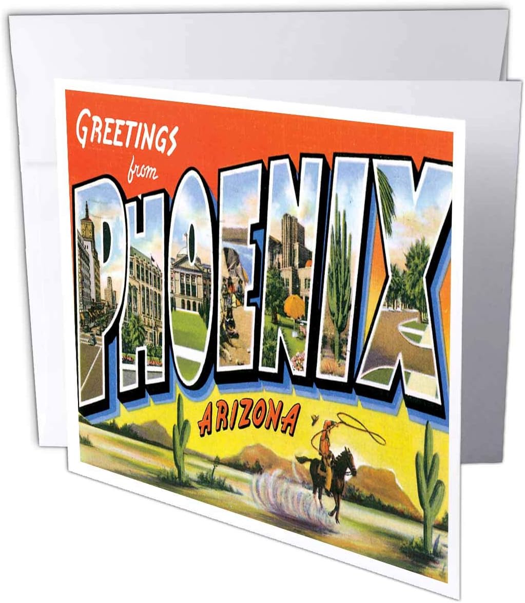 3dRose gc_160716_5 6 x 6-Inch Phoenix Arizona With Cowboy On A Horse With A Lasso And Scenes Of The City - Greeting Card