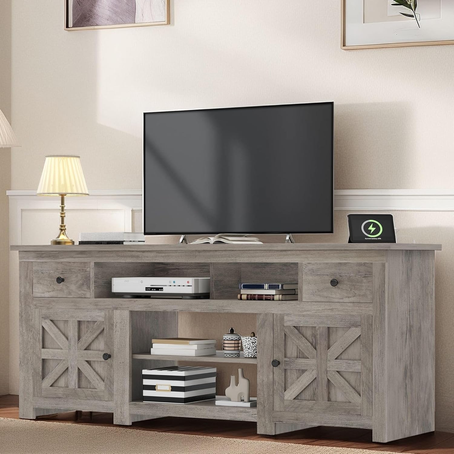 View 1 of ****************INCOMPLETE ITEM, THIS IS ONLY BOX #2 OUT OF 2 TOTAL*************
YITAHOME TV Stand for 75/80 Inch TV, Farmhouse Entertainment Center with Storage, 70 Inch TV Cabinet with Drawers and Power Outlet, TV Console for Living Room (Grey Oak) (mi
