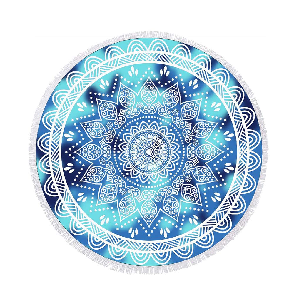 btcus4 Round Beach Towel Thick Microfiber Circle Blanket with Tassels Multi-Purpose Ultra Soft Super Water Absorbent Digital Printing High Color Fastness Sunscreen Yoga Mat Camping (119-blue Mandala)
