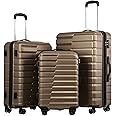 Coolife Luggage Expandable Suitcase set PC ABS TSA Lock Spinner Carry on 3 Piece Sets (brown)