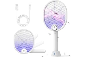Buzbug Electric Fly Swatter, Type-C Rechargeable Bug Zapper Racket with Charging Base, Foldable Bug Zapper for Indoor and Outdoor, Mosquito Swatter with Blue-Purple Working Light