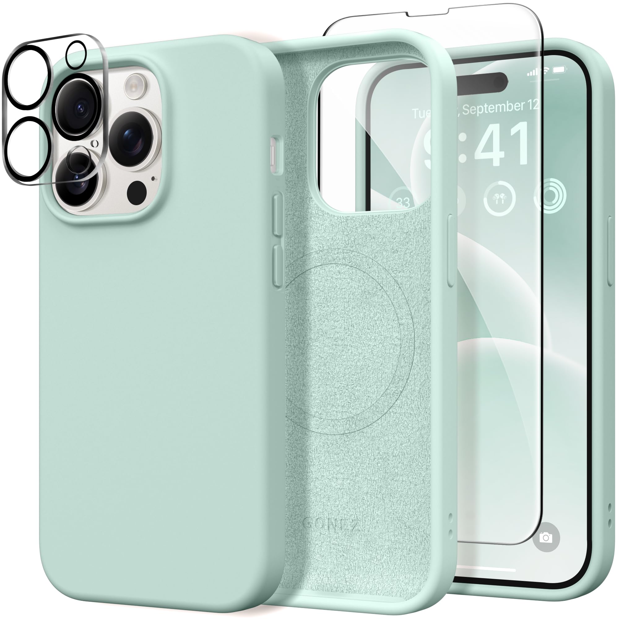 Photo 1 of GONEZ for iPhone 14 Pro Case, Compatible with Magsafe, with Screen Protector + Camera Lens Protector, Soft Anti-Scratch Microfiber Lining, Shockproof Liquid Silicone Phone Cover, Mint Green