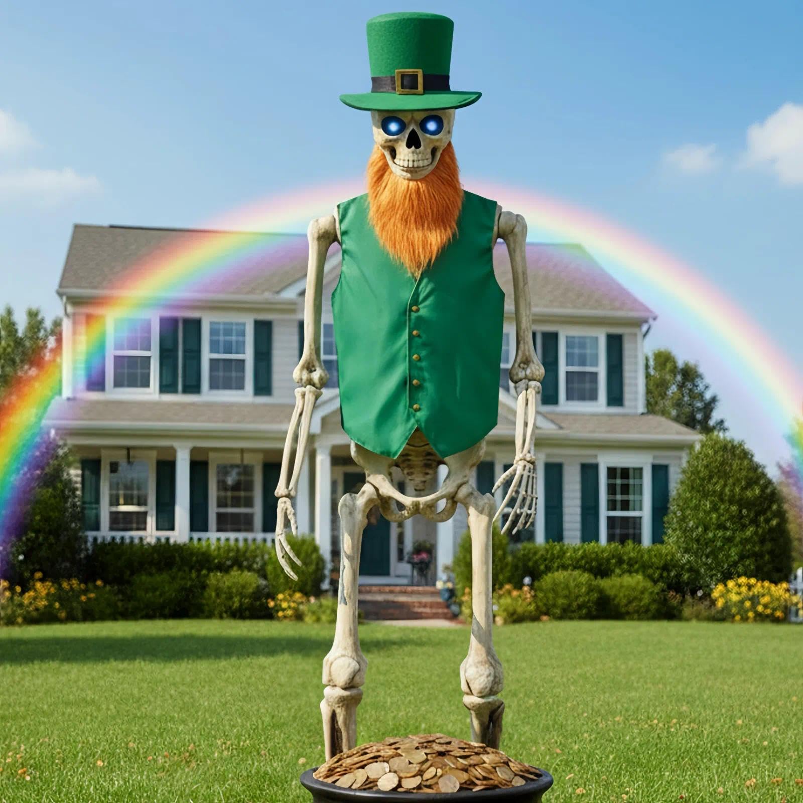 Photo 1 of 3 Pieces St. Patrick's Day Costume for 12 Ft Skeleton Accessories, Giant Leprechaun Outfit Set with Green Hat Vest and Orange Beard, Large Outdoor Holiday Yard Decoration Prop Kit for Lawn Garden