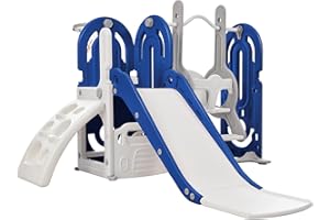 Merax 5-in-1 Kids Slide with Swing Set, Toddler Slide with Climber, Basketball Hoop and Storage Space, Freestanding Outdoor Indoor Slide Playset for Toddlers Age 1+
