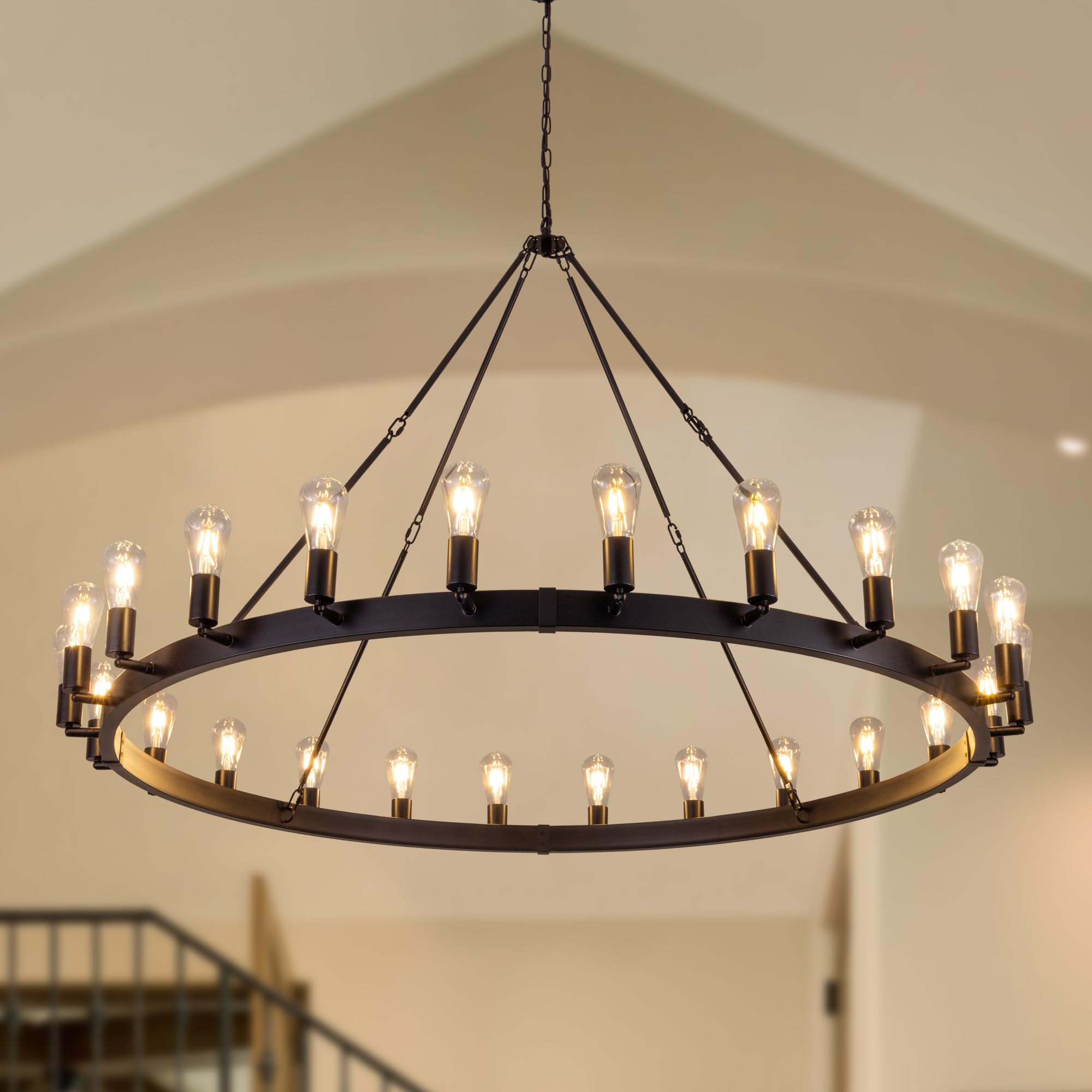 60-Inch 30-Light Extra Large Farmhouse Wagon Wheel Chandelier – Black, Dimmable, Adjustable Chain – For High Ceilings, Dining Room, Entryway