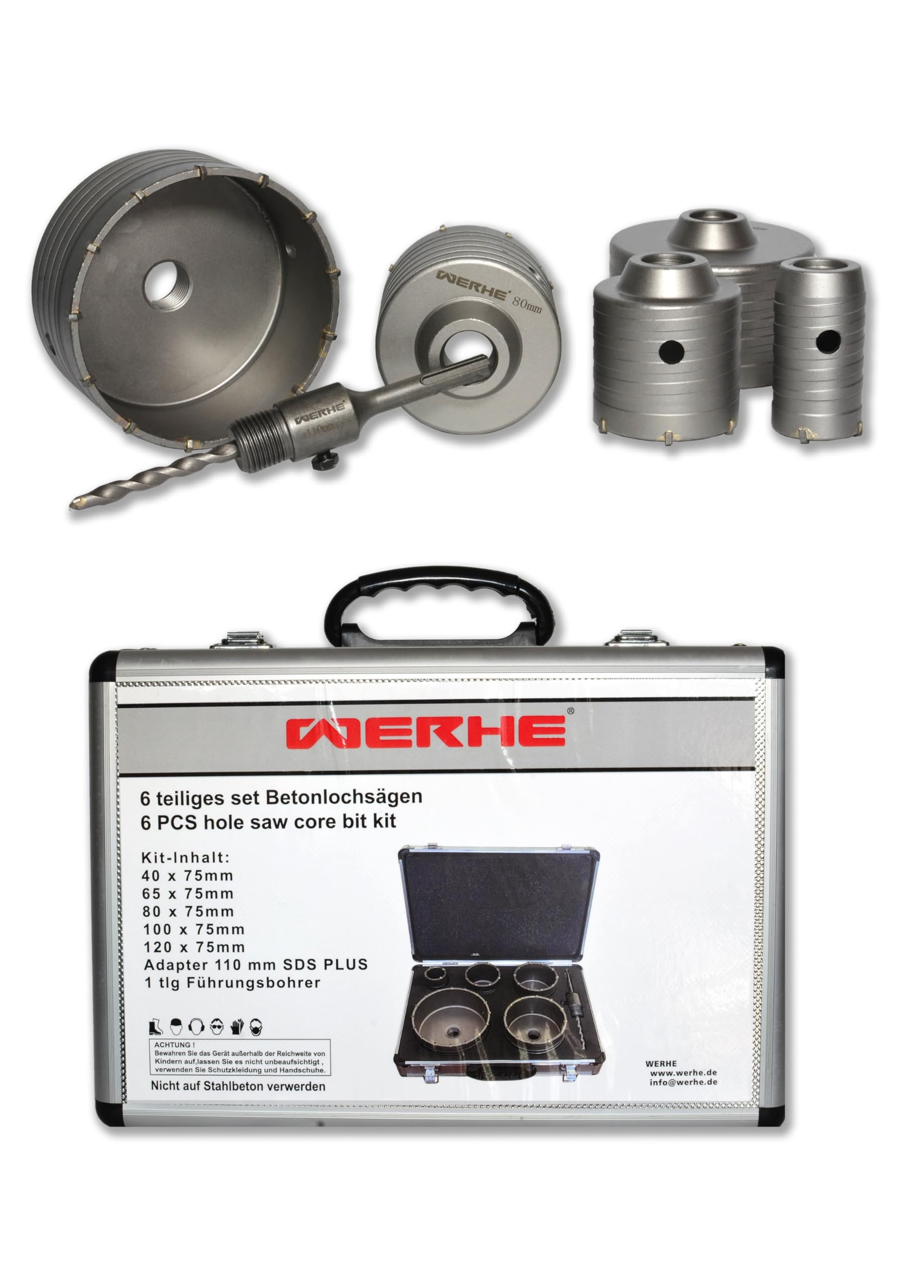 WERHE® Concrete hole saws 6 piece set in case Hole drill Ø 40 65 80 100 120 mm, core drill with con rod drill for cement stone wall, guide drill, drill extension adapter 110 mm SDS Plus.