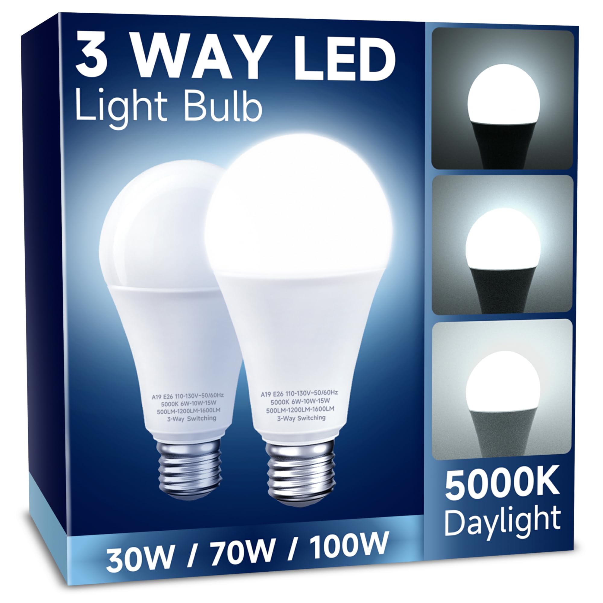 Photo 1 of UNILAMP 3 Way LED Light Bulbs, 30/70/100W Equivalent, Daylight White 5000K, A19 Three Way Light Bulbs with E26 Medium Base, 2 Pack for Desk and Floor Lamps