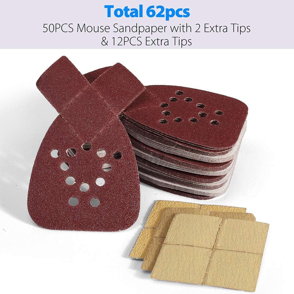 Sanding Sheets for Black and Decker Mouse Sanders, 50PCS 60 80 120 150 220 Grit Sandpaper Assortment with Extra Tips for Replacement, 12 Holes Hook and Loop Detail Sander Sanding Pads Sand Paper - - 