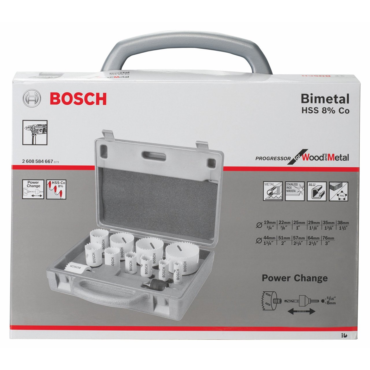Bosch Professional 14 pcs. Hole Saw Progressor for Wood & Metal Universal Set (for Electricians, Ø 19-76 mm, Accessory Drill)