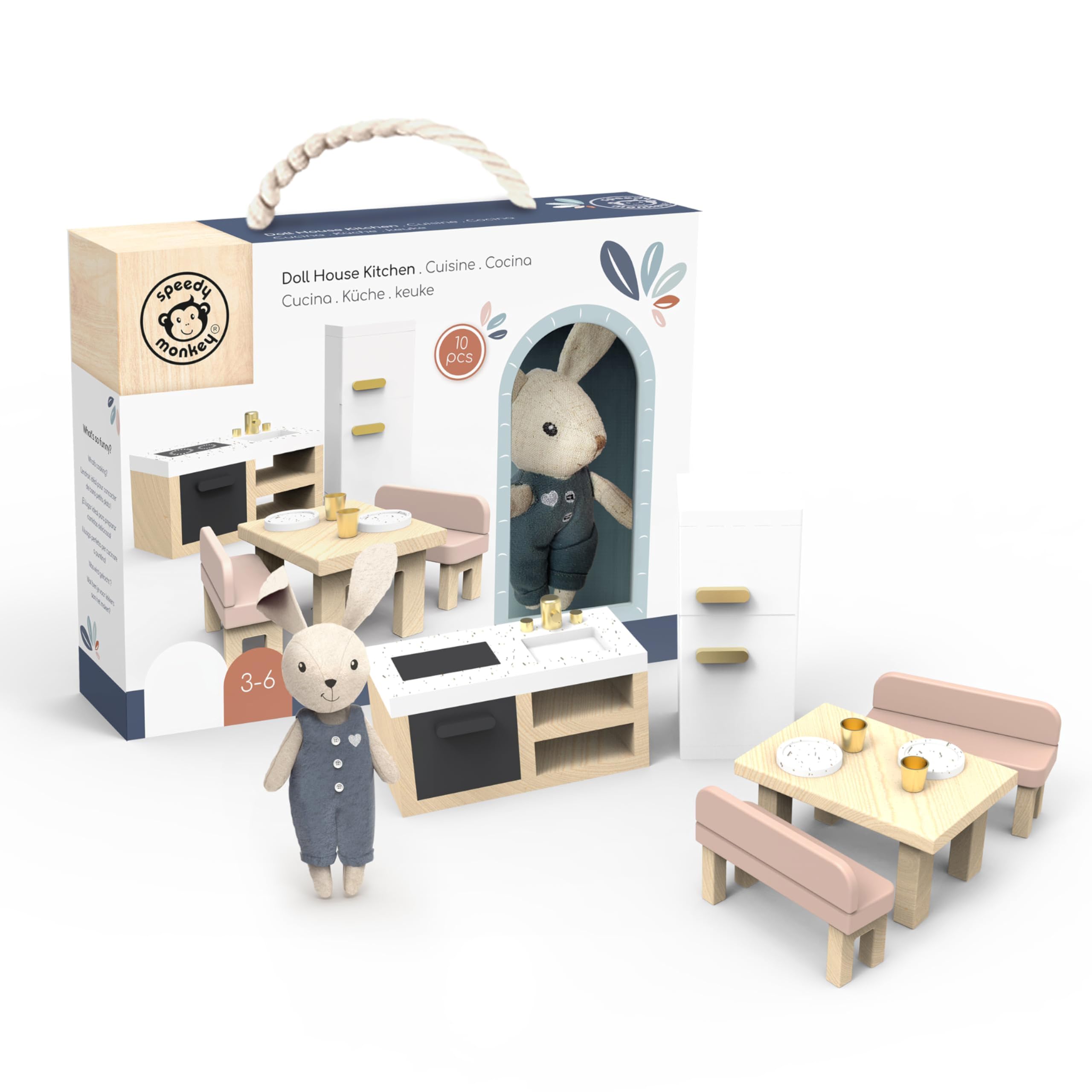 Speedy Monkey Doll House Kitchen Playset with Bunny – Miniature FSC Wooden Kitchen Furniture Set – Dining Table, 4 Chairs, Fridge & Accessories – Pretend Play Doll House Decor Toy for Girls Boys
