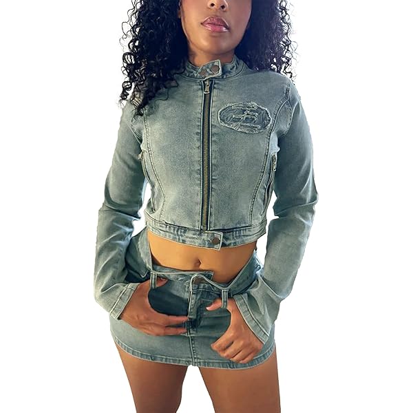 ジャケット・アウター Denim Blouson & Balloon Skirt Set Cropped Denim Jacket and Tangle Belt Skirt | Mabel Love Co