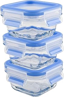 Emsa 515988 Clip & Close Glas Frischhaltedosen | 3er Set | 3 x 0,2 L | Quadratisch | 100%Dicht | Baby-Set | Erfüllt Baby Care Norm | BPA-Frei | Frische Dichtung, Blau
