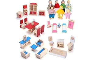 GIRAGAER Dollhouse Furniture Wooden Doll House Furnisher 5 Set and 7 Family Dolls, Doll Wood Accessories and Furnishings for 1:12 Scale Miniature Dollhouse, Family Figures Pretend Play Toy