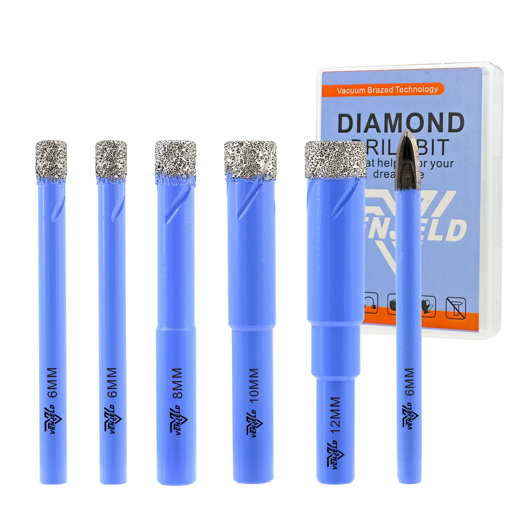 Dry Diamond Drill Bits Set - 6/6/8/10/12mm 5Pcs Tile Hole Saw Kit and 1Pc 6mm Carbide Drill Bit for Ceramic Porcelain Tile Marble Granite - Round Shank with Storage Case VENJELD
