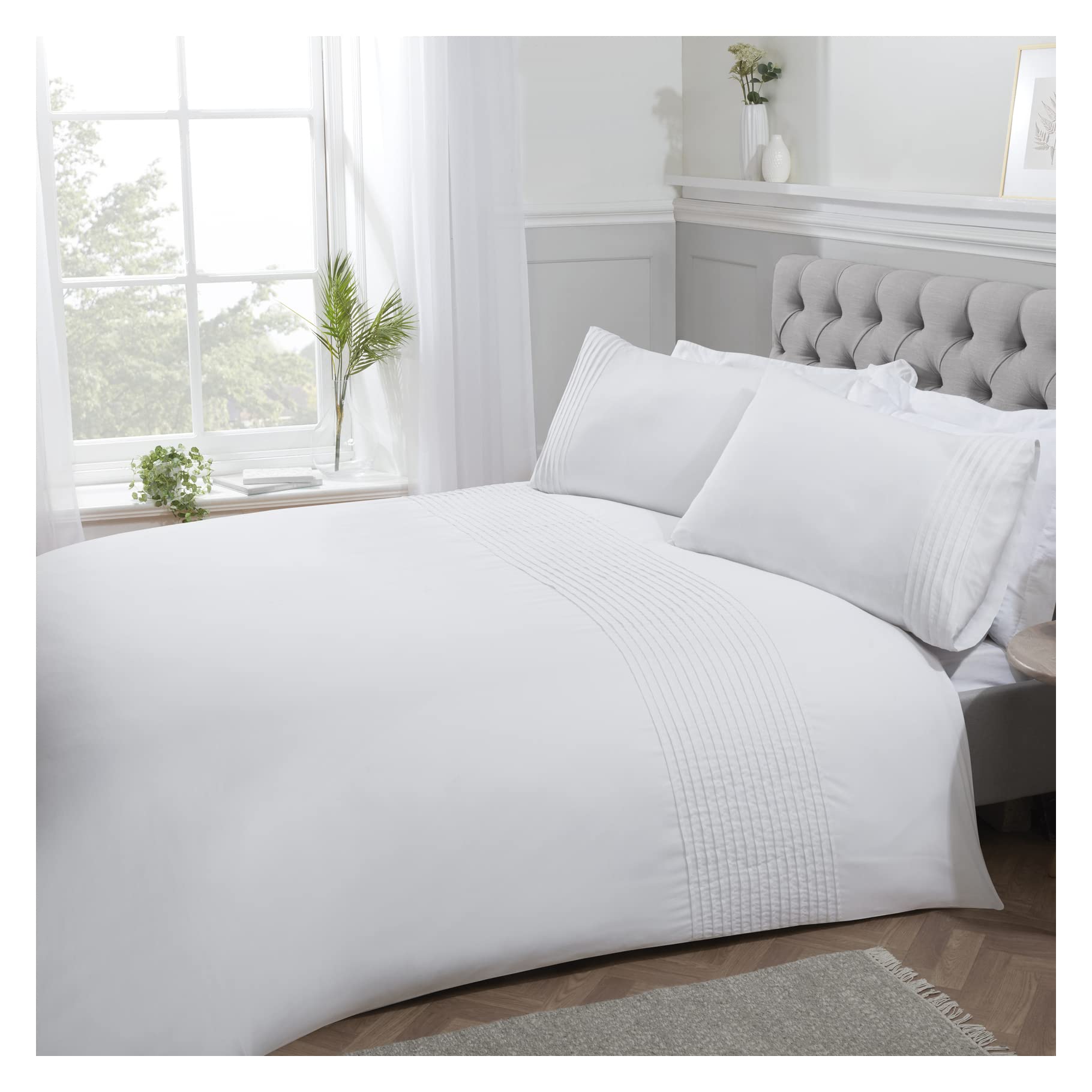 Sleepdown Pintuck Pleated Striped Panel Luxury Easy Care Soft Cosy Duvet Cover Quilt Bedding Set with Pillowcase, Polycotton, White, Single (135 cm x 200 cm)
