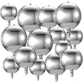 14 Pcs Foil Balloons Set, 22in 15in 10in Mylar Balloons, Christmas Metallic Balloon Decorations, 4D Inflatable Mirror Ball for Christmas Parties, Birthdays, Weddings, Baby Showers (Rose Red & Silver)