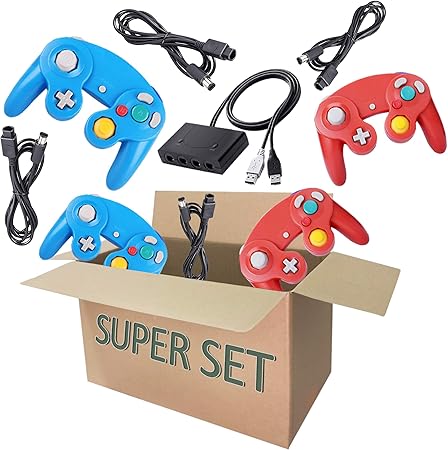 Amazon Com 4 Controller For Gamecube With 4 Extension Cords And A 4 Port Gamecube Adapter For Wii U Switch Pc Red Blue Computers Accessories