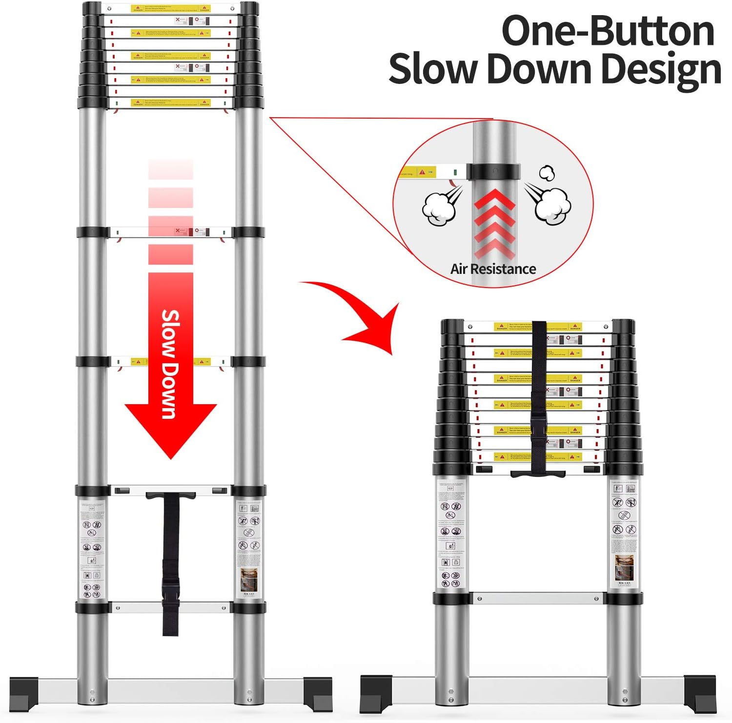 Telescoping Extension Ladder 12.5FT, Newly Aluminum Telescopic Ladder with Slow Down Design for Commercial or Home Use - - 