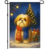 IVN Christmas Dog Garden Flag 12x18 Inch Double Sided Shih Tzu Winter Holiday Seasonal Decorations Outdoor Yard Flag for Outside Home Front Door Lawn Porch Patio Welcome Decor