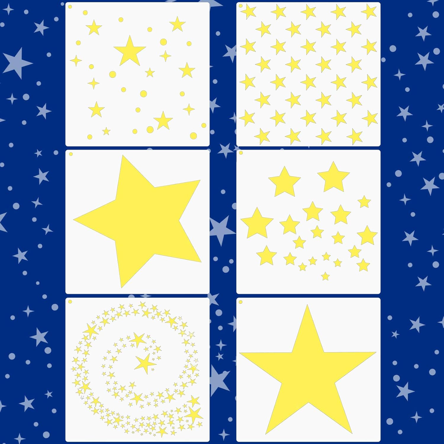 6 Pieces Star Stencil Kit Reusable Twinkle Star Template Assorted Star Pattern Stencils in Different Sizes with Metal Open Ring for Painting on Tile Wall Home Decor Paper Fabric