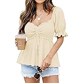 Poetsky Women's Summer Peplum Tops Puff Short Sleeve Babydoll Blouses Trendy Going Out Shirts